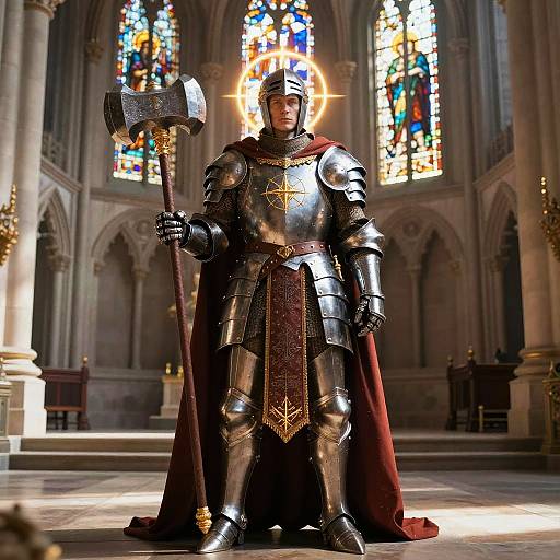 Photorealistic CGI of a medieval knight in shiny armor with a red cape, holding a large silver hammer, in a sunlit, stained glass cathedral
