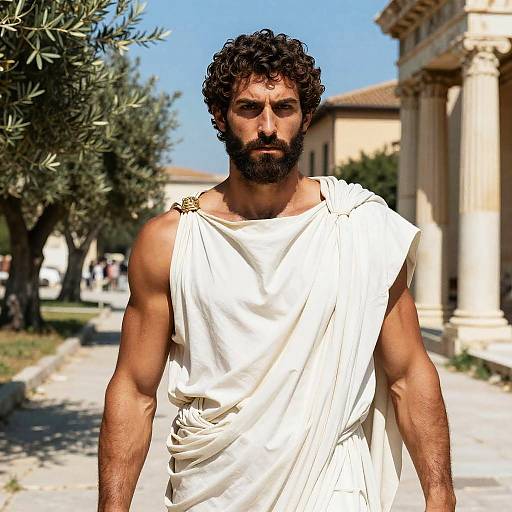 Photograph of a muscular, bearded man with curly dark hair in a white toga, standing in a sunlit ancient Greek-style courtyard.