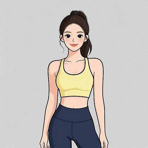 Digital drawing of a smiling woman with fair skin, black hair in a ponytail, wearing a yellow sports bra and dark blue pants, standing against a