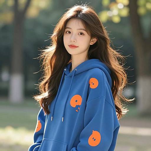 Photograph of an Asian woman with long, wavy brown hair, wearing a blue hoodie with orange flame patterns, standing in a sunlit park.