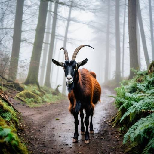 Determined Goat on Misty Forest Path Determined Goat on Misty Forest Path