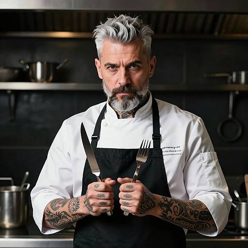 Photograph of a tattooed, grey-haired, bearded male chef with intense eyes, wearing a white shirt and black apron, gripping knife in