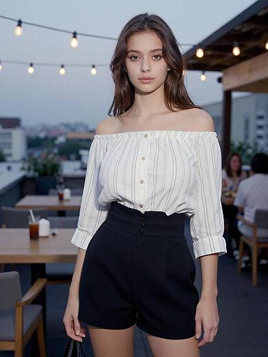 Photograph of a young woman with long brown hair, wearing an off-shoulder white striped blouse and black high-waisted shorts, standing on