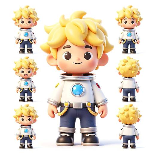 CGI character design of a cute, blonde-haired boy in a white shirt, blue pants, and yellow straps, showing front and back views.