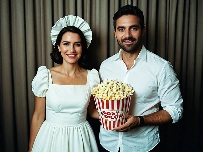 Photograph of a smiling couple in front of gray curtains; woman in white maid dress with headpiece, man in white shirt holding popcorn bucket.