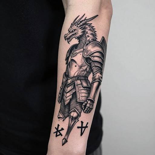Black ink tattoo of a dragon in medieval armor on a forearm, with two black crosses below the foot. Photographic style.