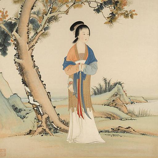 Traditional Japanese woodblock print of a woman with a black bun, wearing a blue and orange kimono over a white robe, standing by a curving