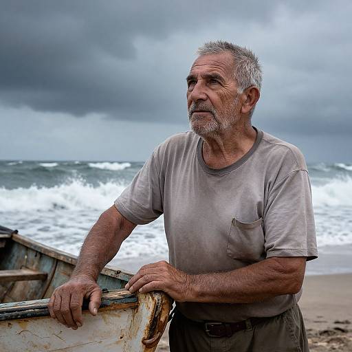 Photograph of an older, weathered man with gray hair and beard, wearing a dirty gray T-shirt, leaning on a rusted boat at a