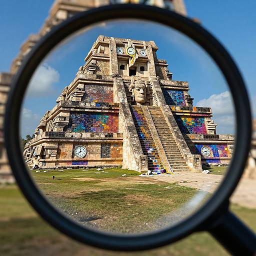 Photograph of a colorful, ancient Mayan pyramid viewed through a magnifying glass, showcasing vibrant graffiti on stone stairs against a bright blue sky.