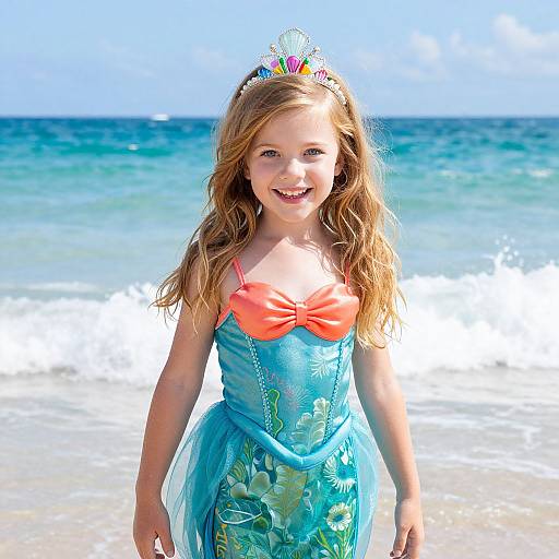 Photograph of a smiling young girl with long, wavy blonde hair, wearing a blue floral fairy dress with orange top, tiara, standing on