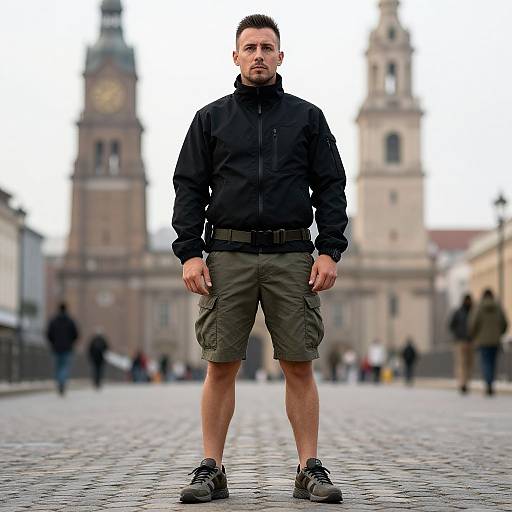 Photograph of a serious, muscular man in black jacket, olive shorts, and sneakers standing on a cobblestone street with blurred historic buildings in the