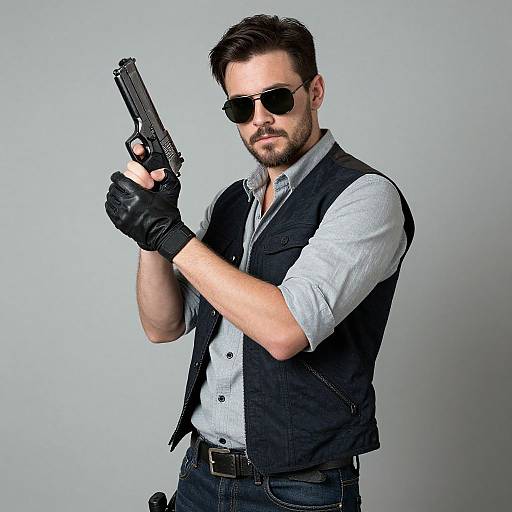 Photograph of a bearded man in black sunglasses, black vest, grey shirt, and black gloves, holding a gun, standing against a plain grey