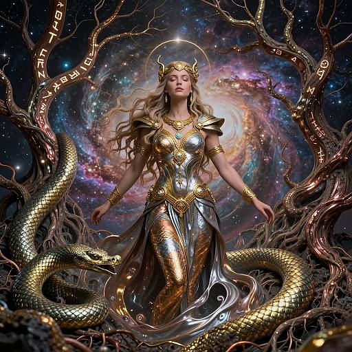 Hyperrealistic Freyja in Cosmic Norse Vortex