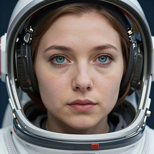 Close-up photograph of a young woman with blue eyes, fair skin, and brown hair, wearing a white astronaut helmet with a clear visor. She