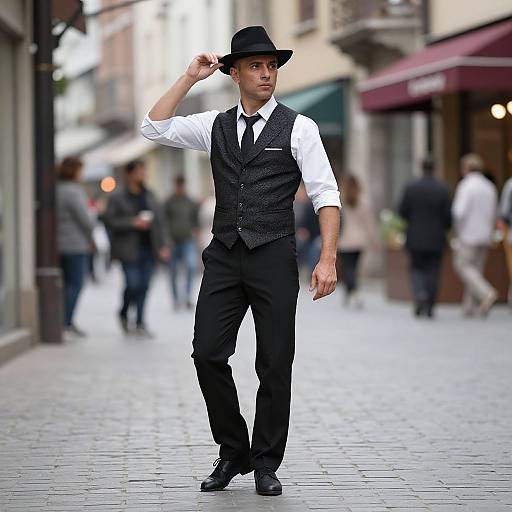 Photograph of a handsome man in black vest, white shirt, black pants, and bowler hat, adjusting his hat on a cobblestone street