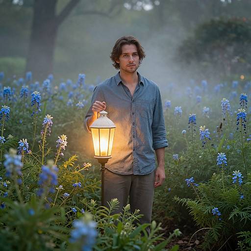 Photograph of a bearded man with wavy brown hair, wearing a blue shirt and gray pants, holding a glowing lantern in a misty blue