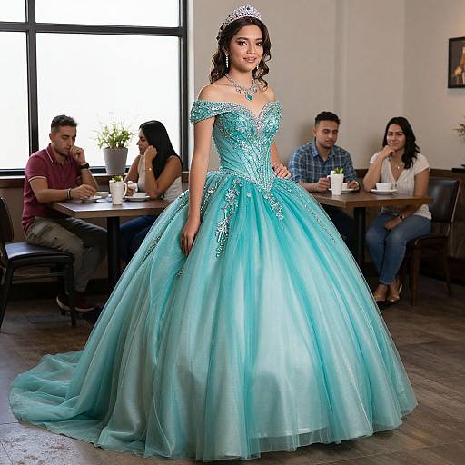 Photograph of a young woman with dark hair, wearing a sparkling blue off-the-shoulder ball gown and tiara, standing in a café with