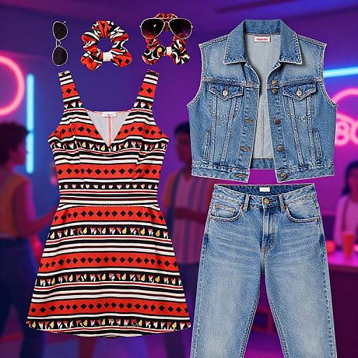 Photograph of a colorful outfit: red, black, and white striped dress, blue denim jacket, and matching jeans, with patterned earrings, neon