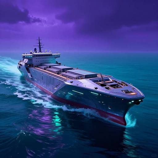 Photorealistic digital art of a sleek, modern aircraft carrier cutting through vibrant, neon-colored ocean waters under a stormy purple sky.