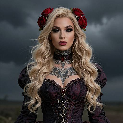 Gothic-style photograph of a blonde woman with long, wavy hair, wearing a black lace corset, red roses in her hair, and