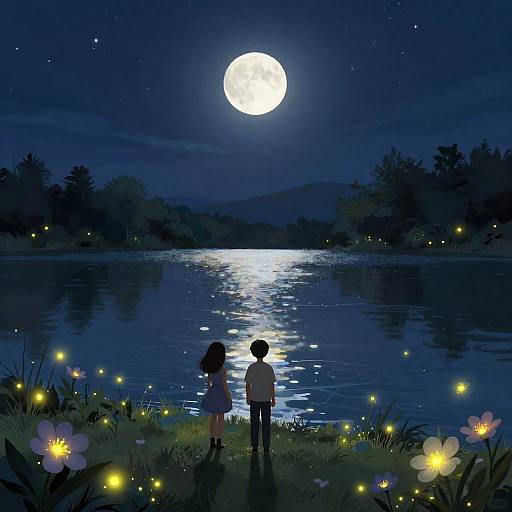 Digital illustration of a full moon over a reflective lake, with a girl and boy standing side by side, surrounded by glowing fireflies and flowers in the