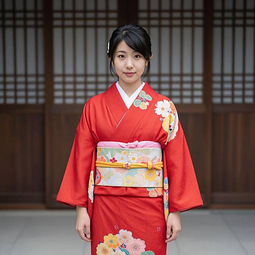 Photograph of an Asian woman in a vibrant red floral kimono with a white and yellow obi, standing in front of a traditional wooden and paper