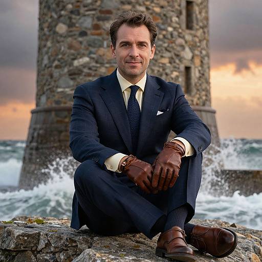 Man in Navy Suit by Rustic Tower