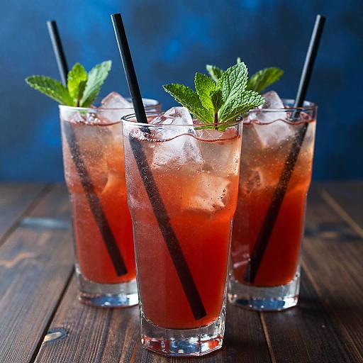 Photograph of three refreshing red drinks in clear glasses with ice, black straws, and green mint leaves, set on a wooden surface against a dark