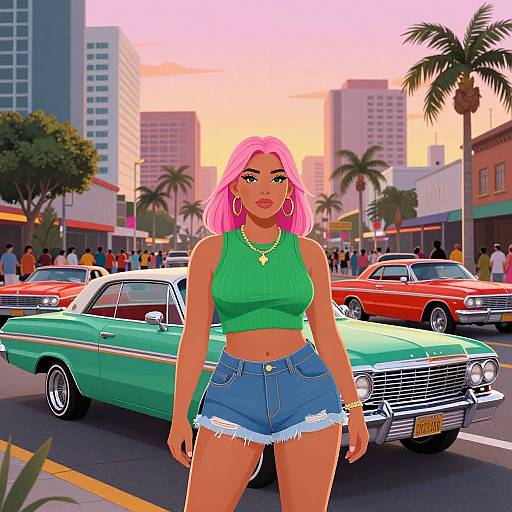 Confident Woman with Lowrider Cars