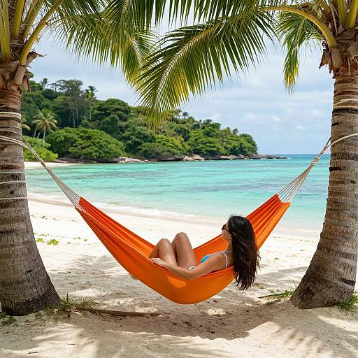 Photograph of a woman with long dark hair, wearing a bikini, relaxing in an orange hammock between two palm trees on a tropical beach with turquoise