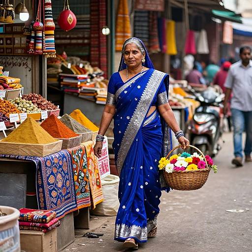 Photograph of an Indian woman in a blue sari with silver trim, holding a basket of flowers, walking through a vibrant market street with colorful spices