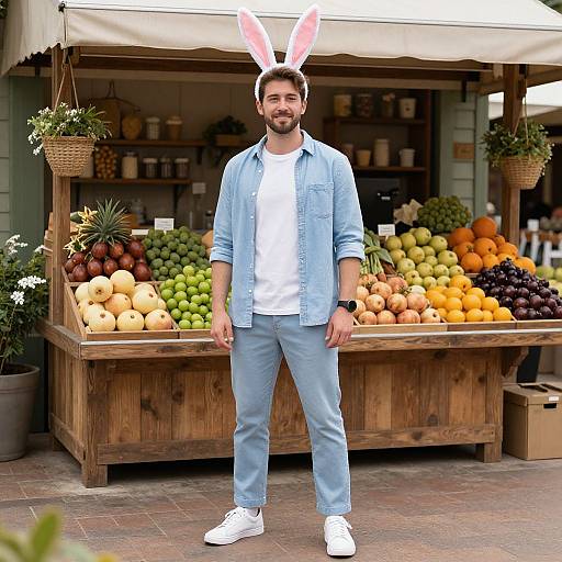 Photograph of a bearded man with brown skin, wearing white shirt, light blue jeans, white sneakers, and pink bunny ears, standing in front