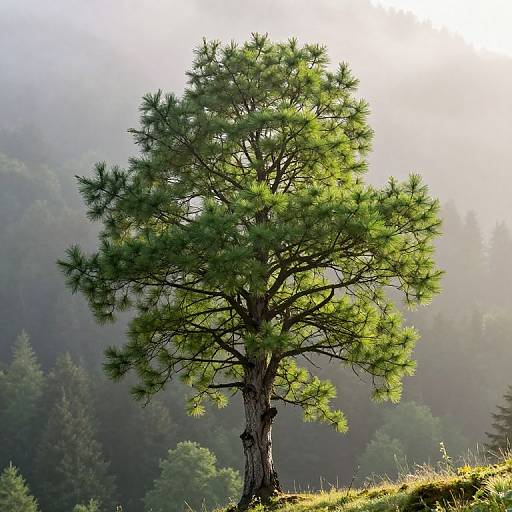Photograph of a solitary, sunlit pine tree with lush green needles, standing on a grassy hill, surrounded by misty, forested mountains