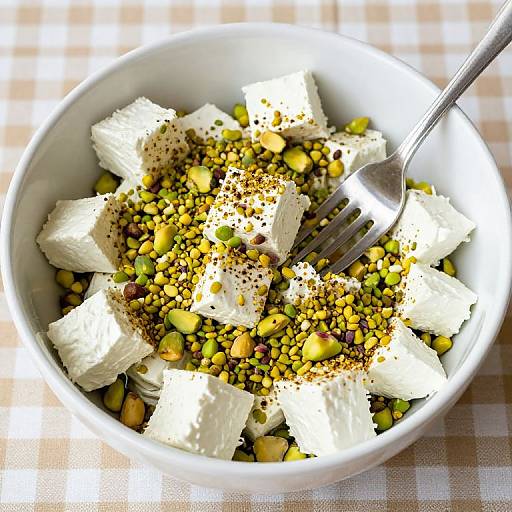 Photograph of a white bowl filled with cubed feta cheese, mixed yellow and green grains, and black pepper, topped with a fork, on