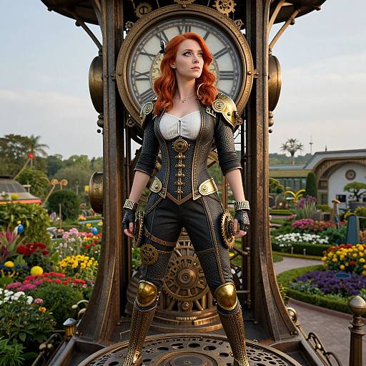 Photograph of a red-haired woman in steampunk attire with gold accents, standing confidently in front of a large, ornate clock tower in a