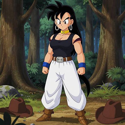 Digital drawing of a muscular, anime-style woman with black hair, wearing a black tank top, white pants, blue wristbands, and brown boots,