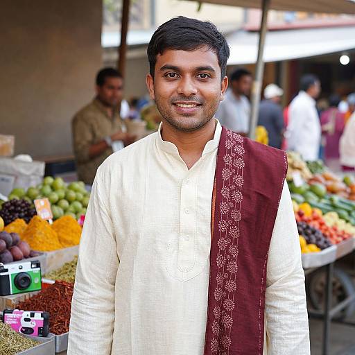 Photograph of a smiling Indian man with short black hair, wearing a white kurta and maroon embroidered scarf, standing in a colorful fruit market.