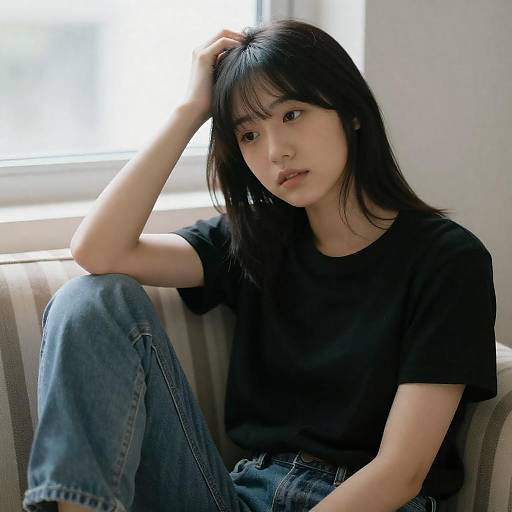 Pensive Woman on Striped Couch