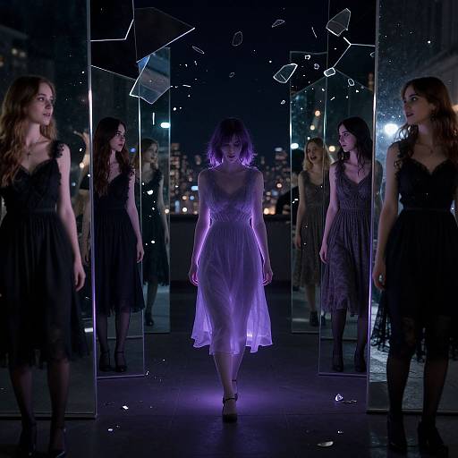 Photograph of a woman in a glowing purple dress walking between mirrored reflections of herself, surrounded by city lights and constellation patterns at night.