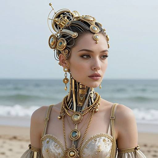Photorealistic CGI of a beautiful, fair-skinned woman with intricate, gold and black headpiece and jewelry, wearing a beaded, strapless