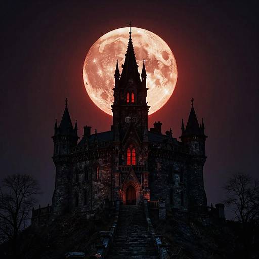 Red Haloed Moon Over Gothic Castle