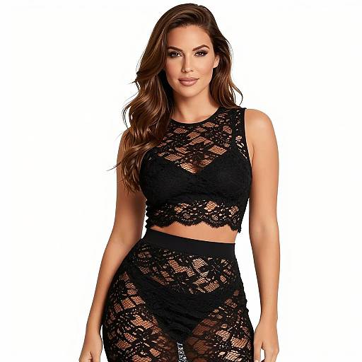Photograph of a brunette woman with wavy hair, wearing a black lace crop top and matching high-waisted skirt, standing against a white background