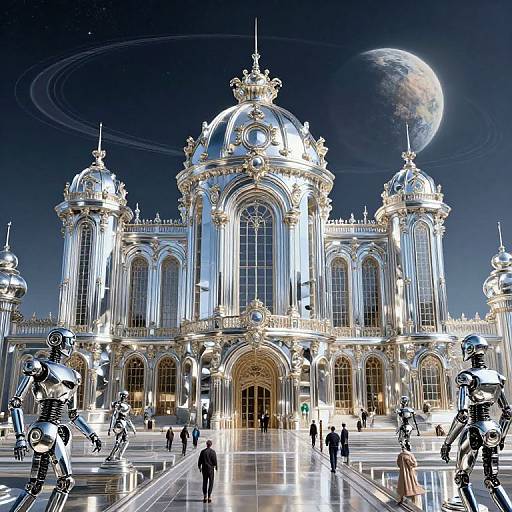 Photorealistic CGI of a futuristic, silver-domed palace under a night sky with a large planet, surrounded by robotic figures and people.