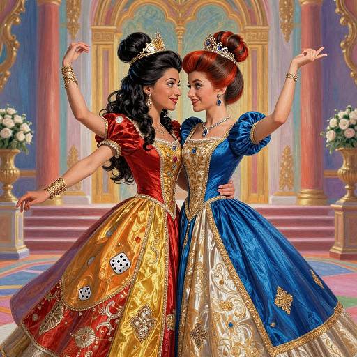 Digital illustration of two elegant princesses in ornate gowns, one in red and gold, the other in blue and gold, dancing in a lavish