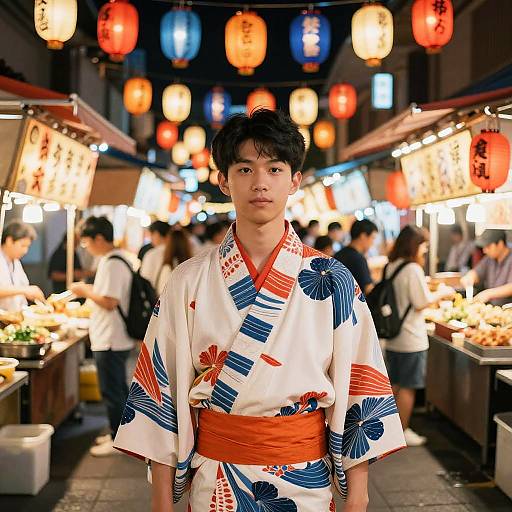 Photograph of an Asian man in a colorful kimono with blue, red, and white patterns, standing in a bustling night market with glowing lanterns