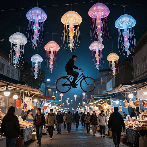 Photograph of a vibrant night market with glowing jellyfish lanterns overhead, a cyclist silhouetted in mid-air, and bustling shoppers below.