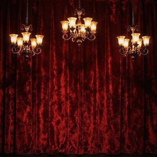 Vintage Chandeliers with Red Velvet Theater Backdrop