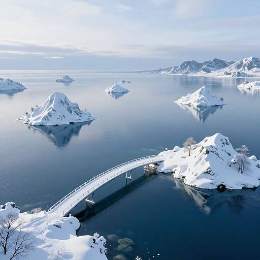 Aerial photograph of a snowy landscape featuring icy islands, a reflective blue lake, and a snow-covered arched bridge.