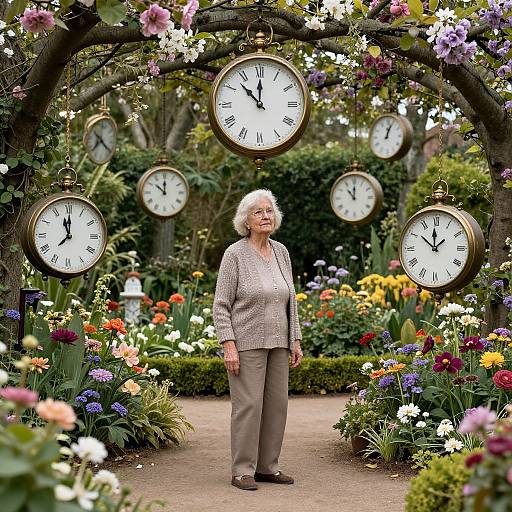 Photograph of an elderly woman with short white hair, wearing a patterned cardigan and beige pants, standing under a floral archway with five clock