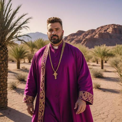 Man in Magenta Priest Robe at Desert Oasis
